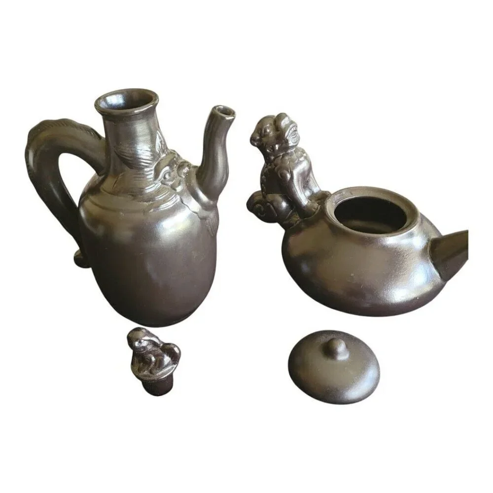 Lot of 2 Asian DOG Teapot 2 cup and Water Pitcher 3 cup MUTED BLACK Porcelain